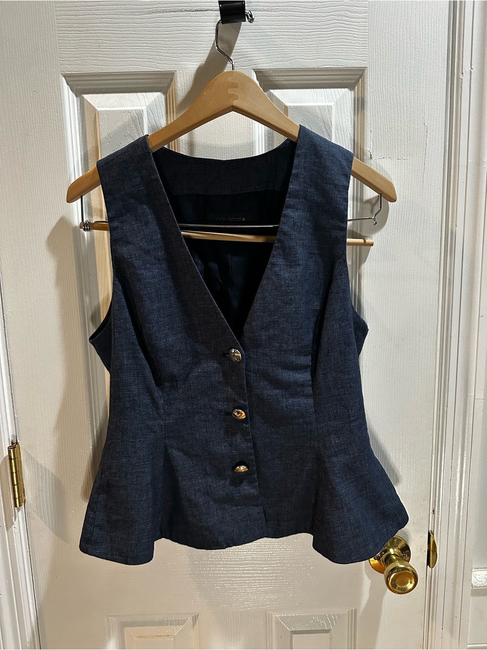 Zara Linen Blend Vest Blue Pleated Peplum Capsule Small